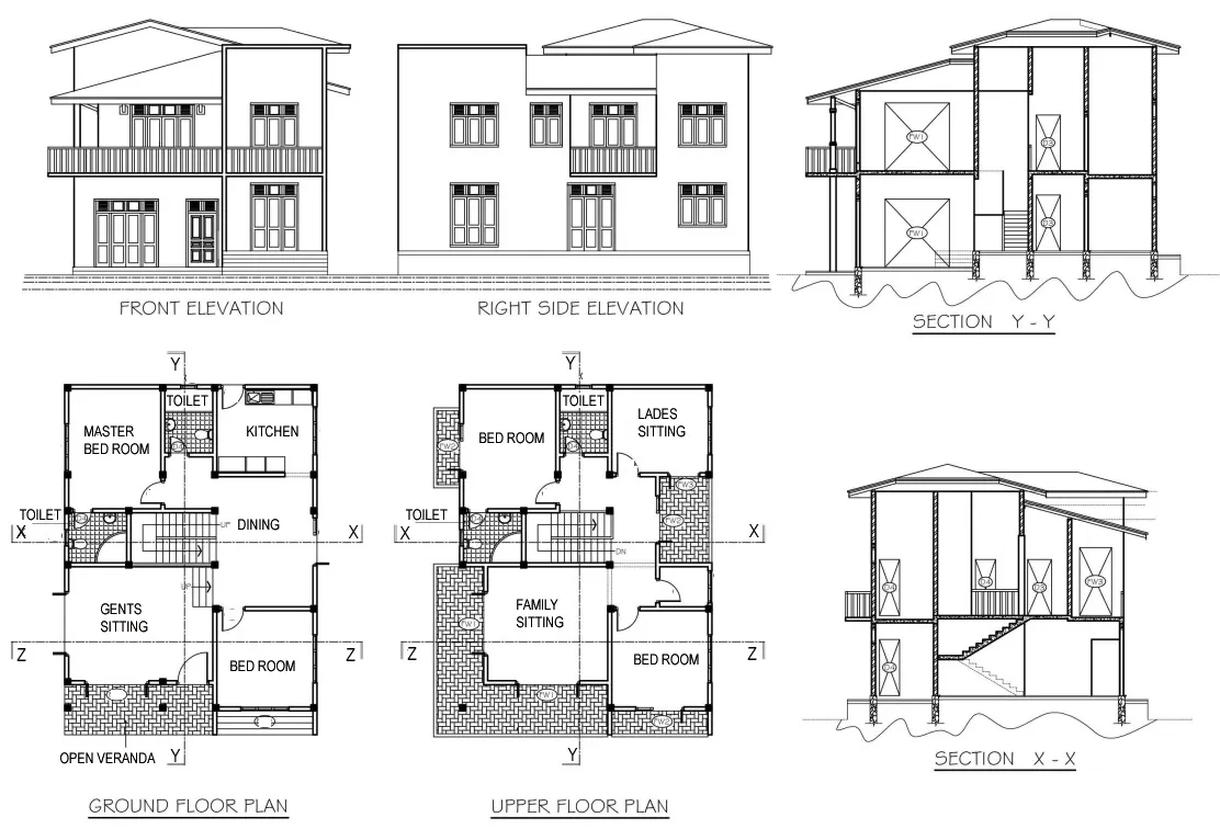 autocadfile.com - the AutoCAD drawing of 2 storey house layout plan CAD  drawing and building elevation view in all direction. 1.all plans herein  shall be done in accordance with the plans and