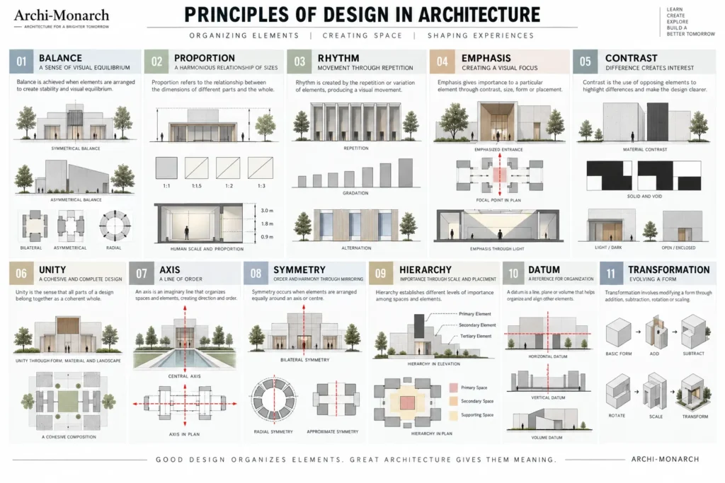 Principles of design in architecture shown through balance rhythm hierarchy axis and symmetry